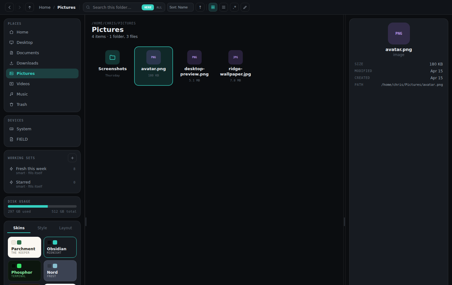 Obsidian dark skin with a selected image file