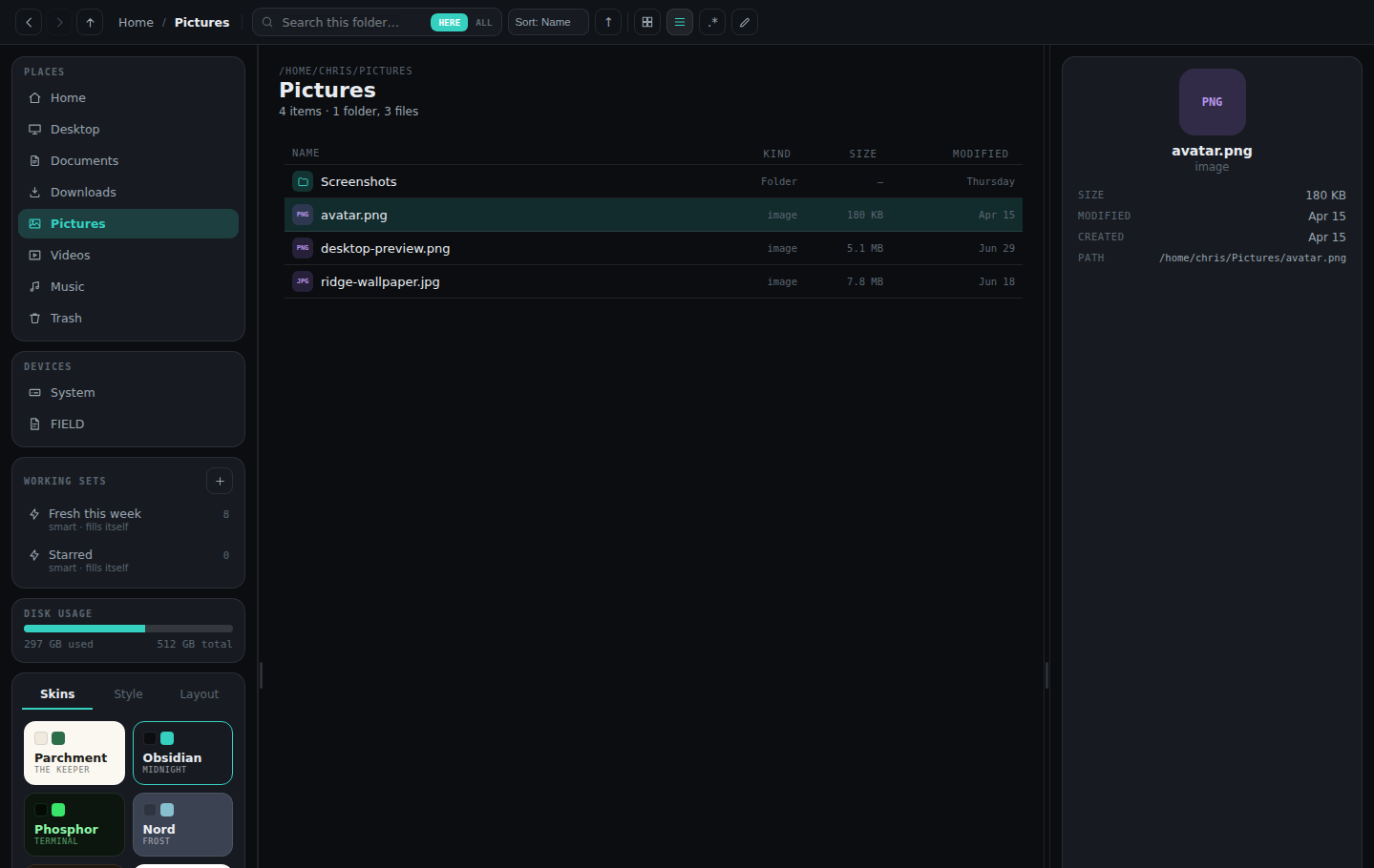 List view with sortable Kind, Size, and Modified columns