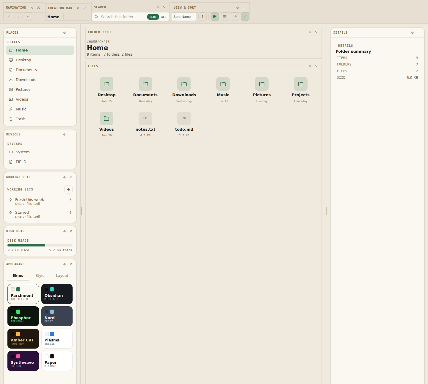 Edit mode showing the modular layout and all eight color skins